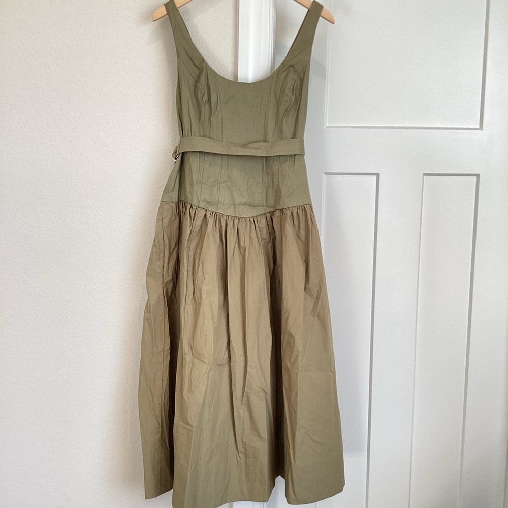Anthropologie Sleeveless Belted Drop-Waist Midi Dress New Large Boho Moss Green - Picture 6 of 16